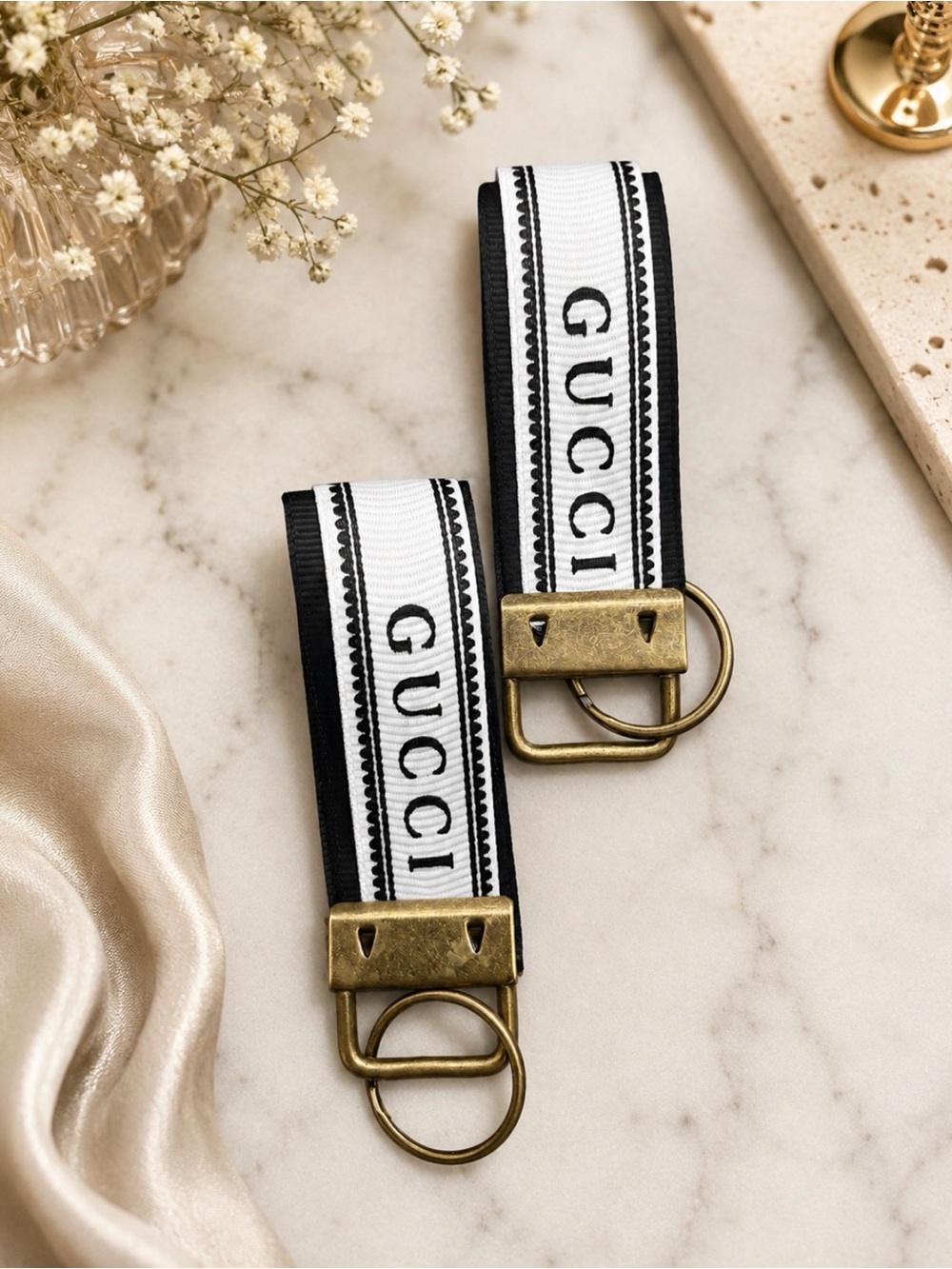 2 Handcrafted Authentic Upcycled Gucci Ribbon Keychain Set